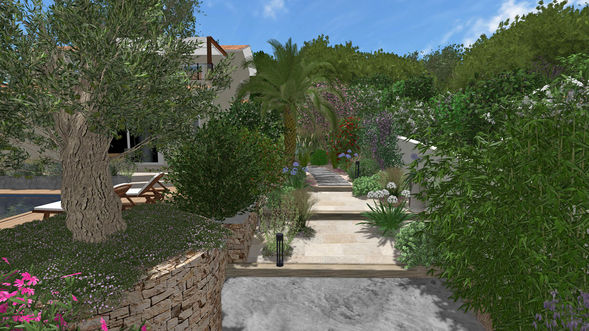 Conception 3D - Chemin d'accès à la maison avec escalier végétalisé