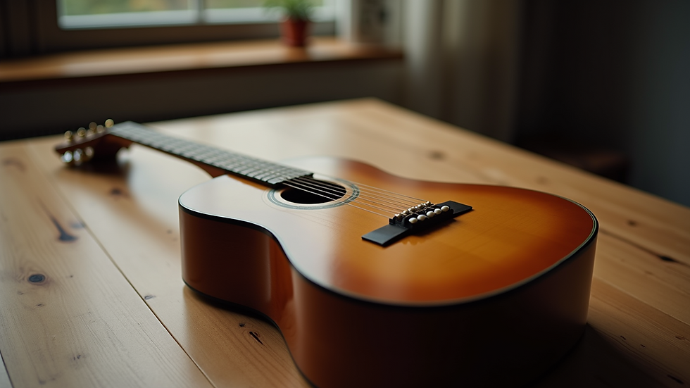 Close-up view of a guitar resting on a wooden table