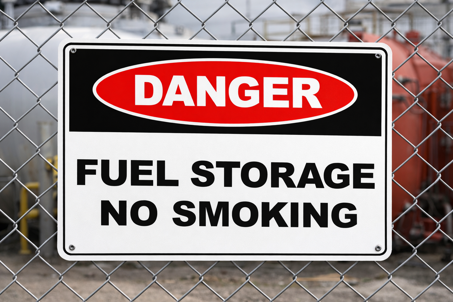Danger Fuel Storage No Smoking safety sign mounted on fence near industrial fuel tanks and hazardous fuel storage area.