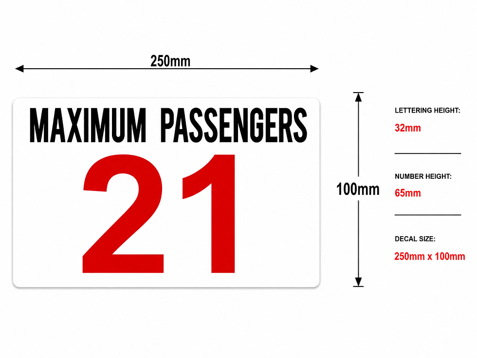 Thumbnail: Maximum Passengers 21 decal dimensions diagram 250mm x 100mm fleet passenger capacity decal