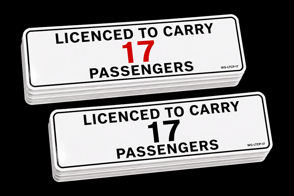 Licensed to Carry 17 Passengers rectangle capacity decals stack black background bus coach red and black number