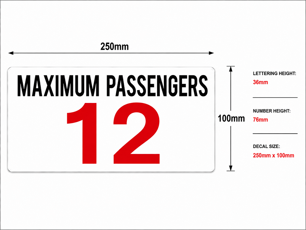 Thumbnail: 250mm x 100mm maximum passenger capacity fleet decal with 36mm lettering and 76mm red number 12