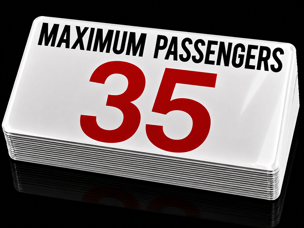 Stack of Westside Graphics Maximum Passengers 35 bus and coach passenger capacity decals for commercial fleet operators