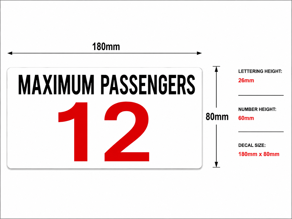 Thumbnail: 180mm x 80mm maximum passenger capacity decal with 26mm lettering and 60mm red number 12