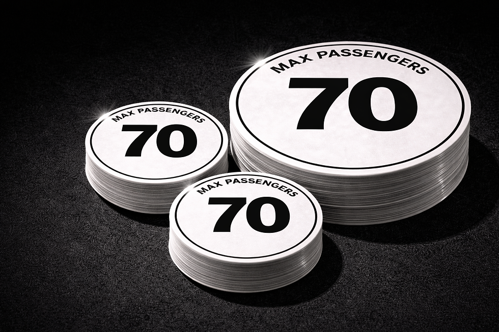 max passengers 70 capacity stickers bus fleet decals 80mm 100mm 120mm circular bulk supply