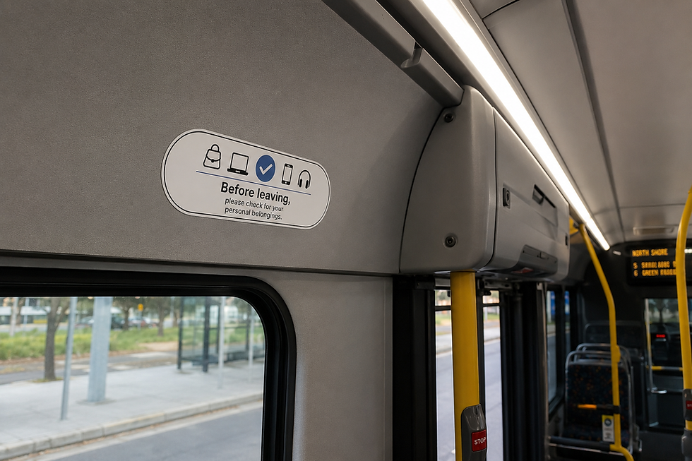 Thumbnail: Before Leaving Personal Belongings Reminder sticker installed on a modern city bus near the passenger exit