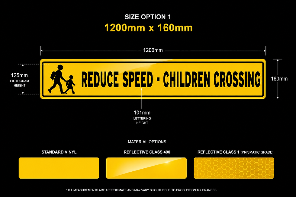 Thumbnail: 1200mm x 160mm Reduce Speed Children Crossing fleet warning decal with transport-style measurement layout