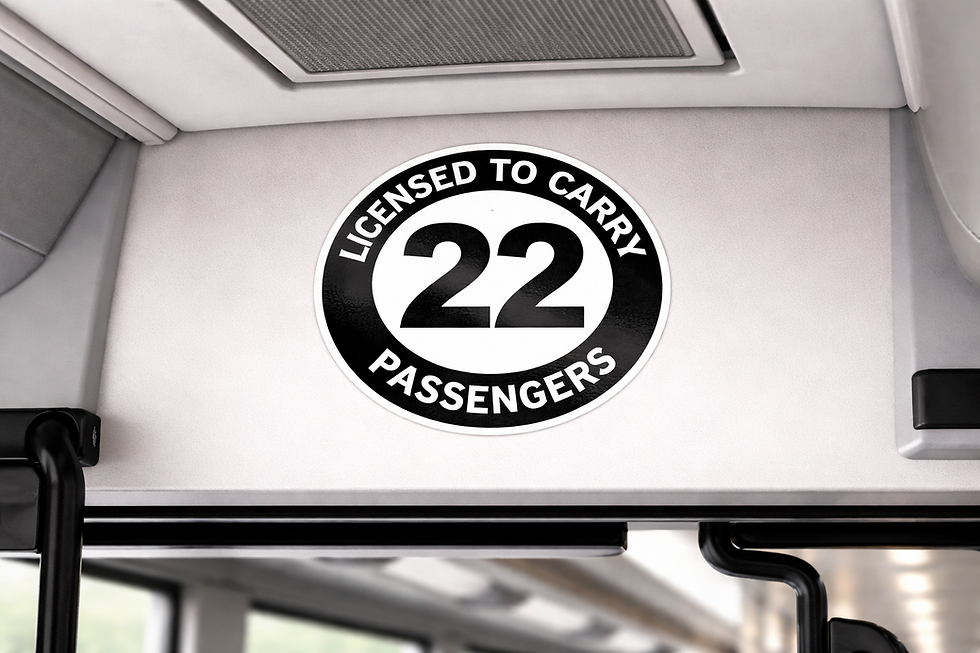Licensed to carry 22 passengers bus capacity decal installed on interior bulkhead of commercial passenger vehicle