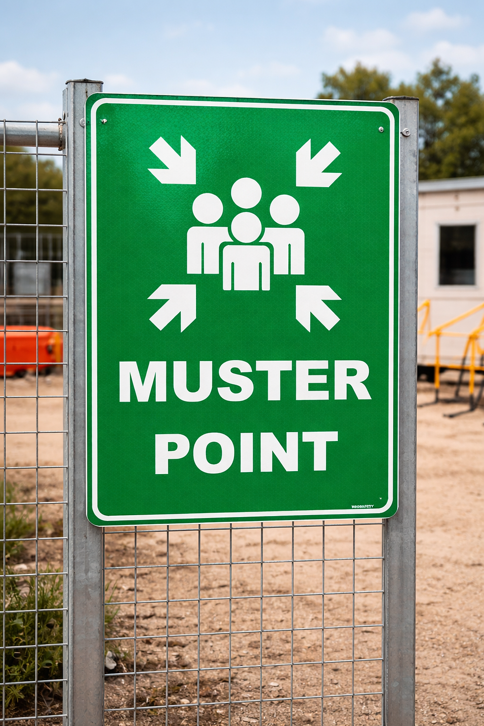 Muster point sign on fence