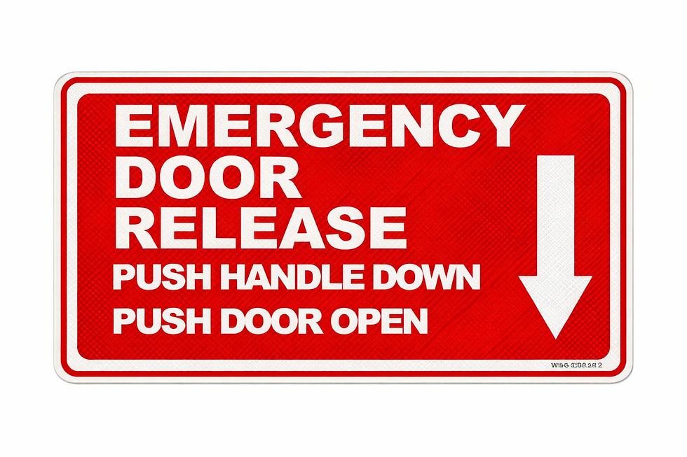 Thumbnail: Emergency door release sticker for bus and coach fleets showing push handle down push door open instructions in reflective an