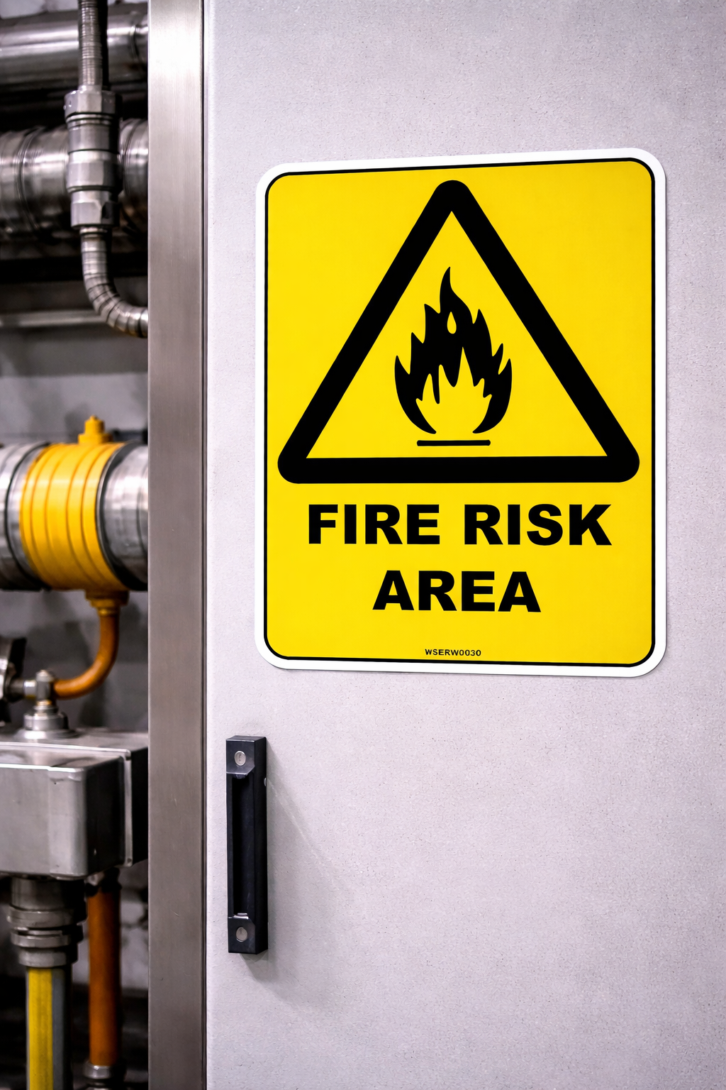Fire risk area warning decal mounted on industrial equipment panel with pipework visible in background
