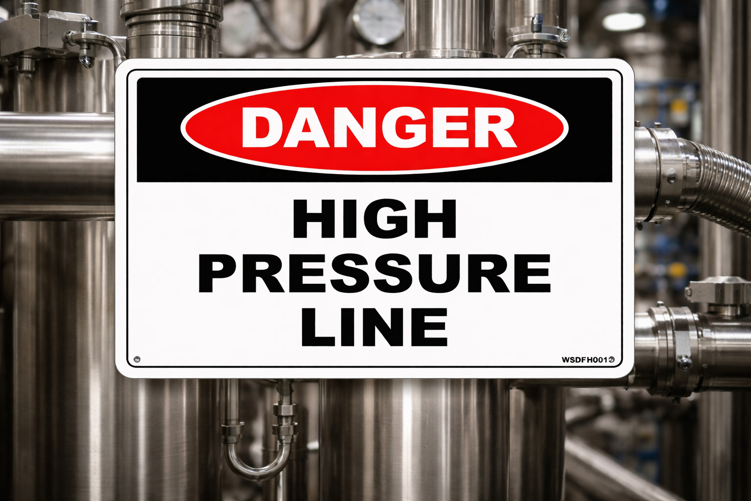 Danger High Pressure Line sign on industrial pipeline