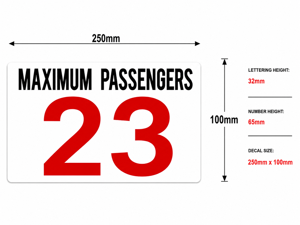 Thumbnail: Maximum Passengers 23 decal dimensions diagram 250mm x 100mm fleet passenger capacity decal