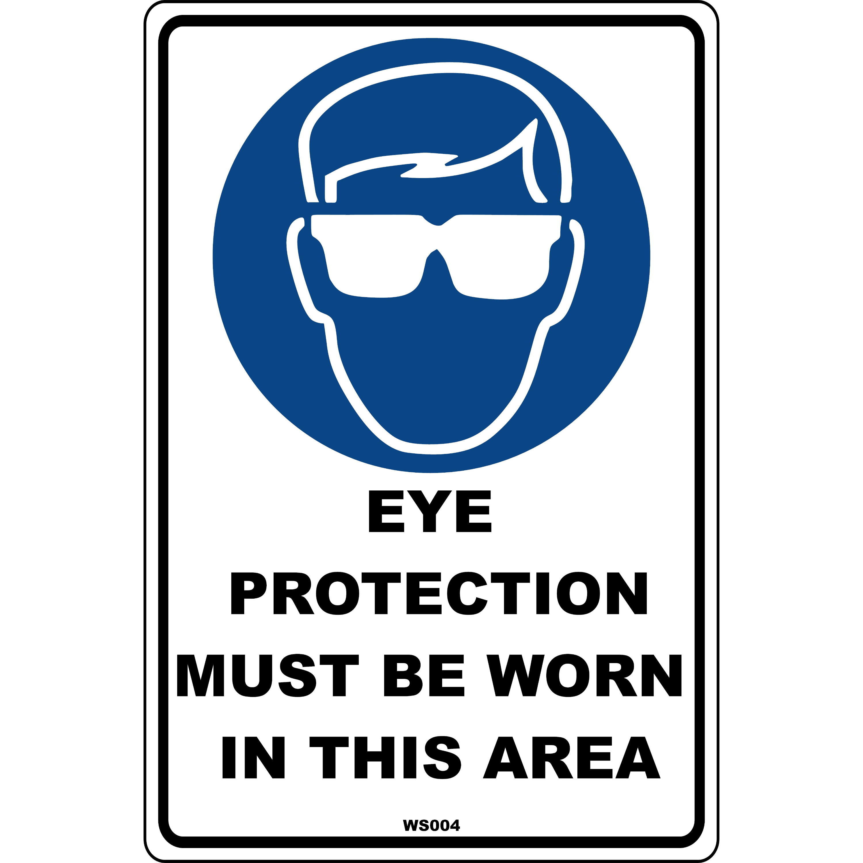 safety sign with blue circle and face wearing goggles or eye protection on white background