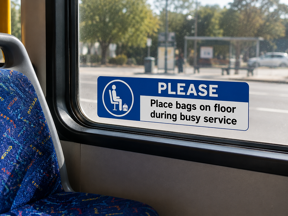Thumbnail: Passenger courtesy decal applied to interior bus window beside passenger seating