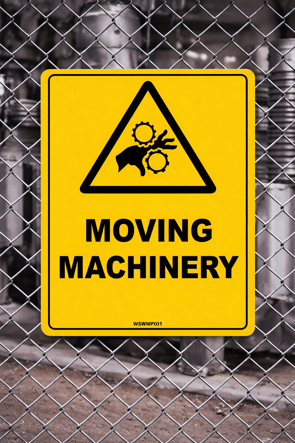 Moving Machinery warning sign mounted on chain link fence with industrial machinery and mechanical equipment in background