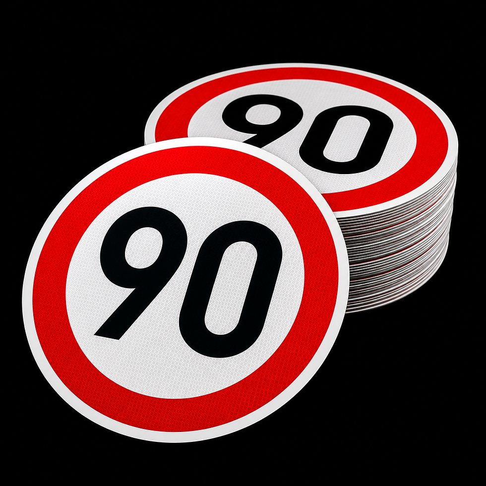 Stack of 90 km/h European style speed disc decals with glossy finish on black background