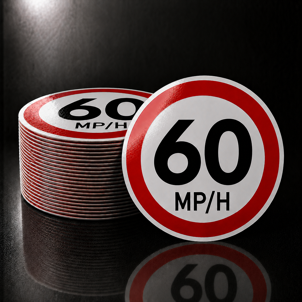 Stack of 60 MPH speed limit disc stickers for commercial vehicles