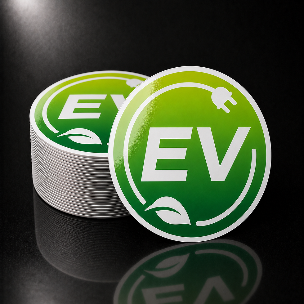 Thumbnail: Stack of premium EV electric vehicle stickers with glossy laminate finish by Westside Graphics