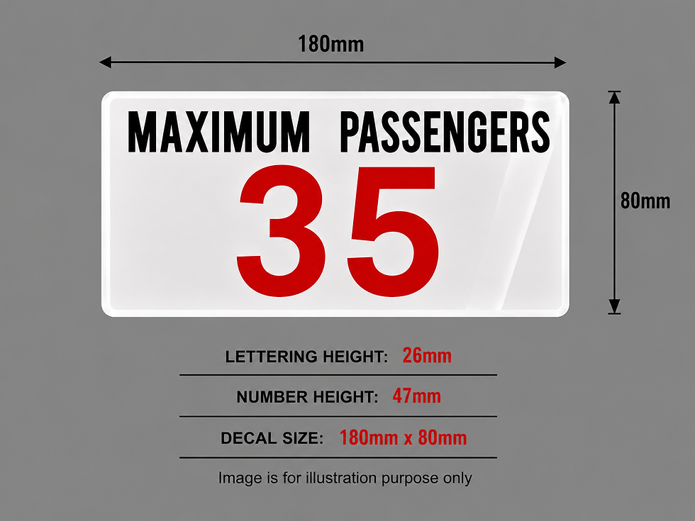Thumbnail: Westside Graphics Maximum Passengers 35 bus and coach capacity decal specification showing 180mm x 80mm decal size, 26mm