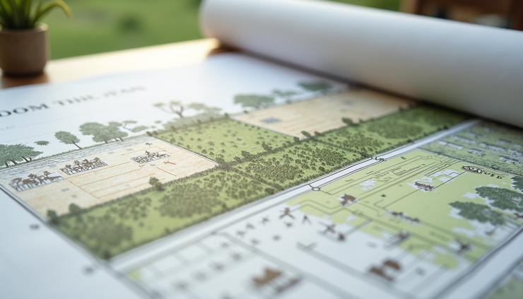 Close-up view of a detailed farm plan drawing showing zones for crops, grazing, and native planting