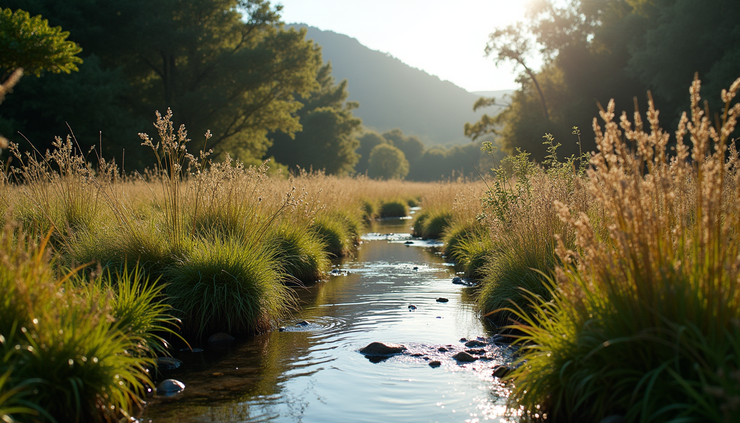 High angle view of a riparian buffer zone with native plants along a New Zealand stream