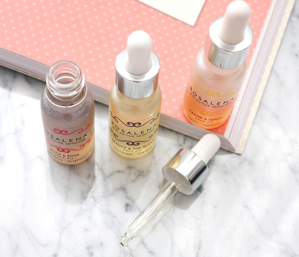 3 gorgeous face oils from Rosalena Skincare: Rock & Rose Face Oil, Beauty & the Beast Face Oil, Frank & Sense Face Oil