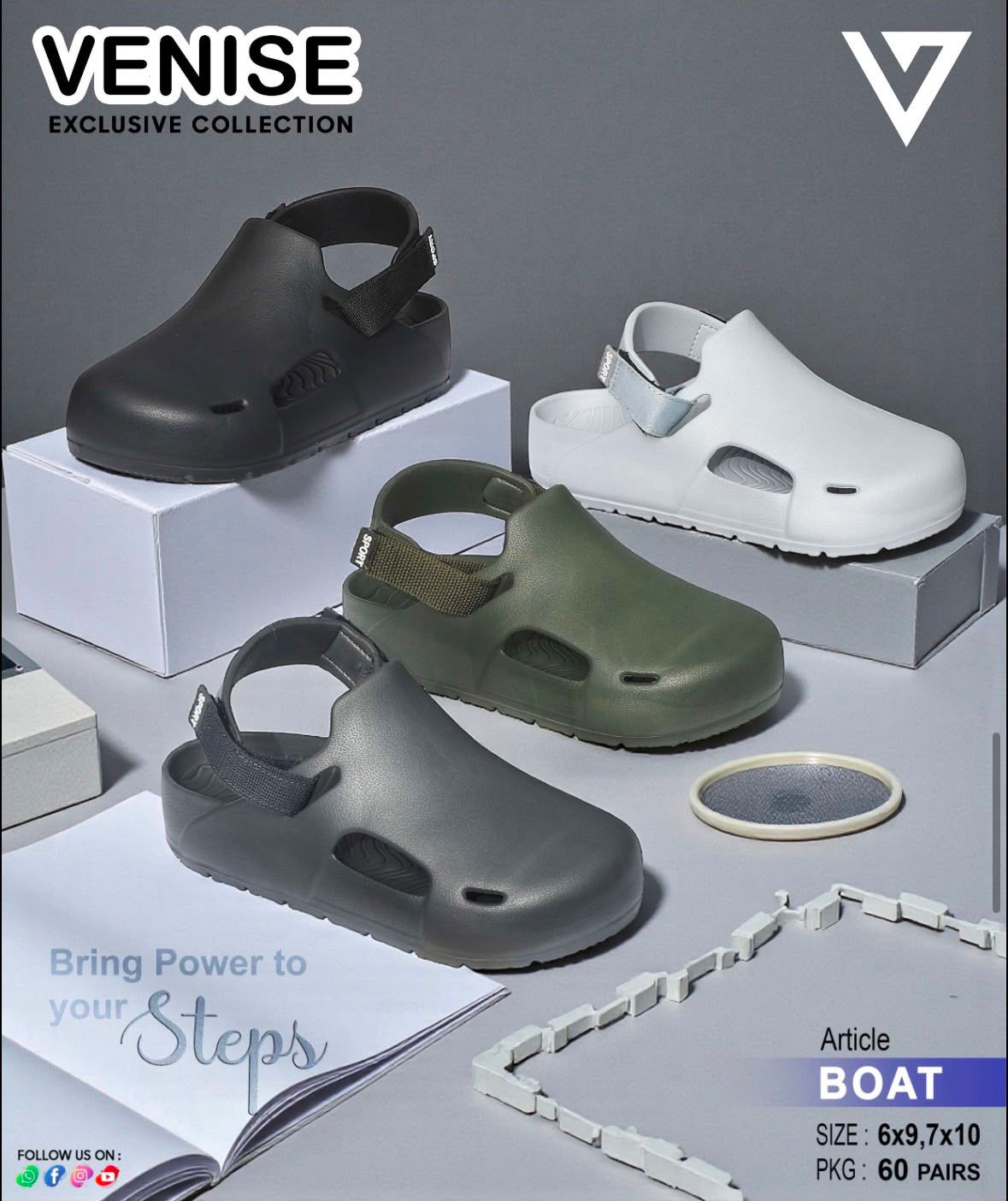 Venise Boat collection clogs in black, white, olive, and grey