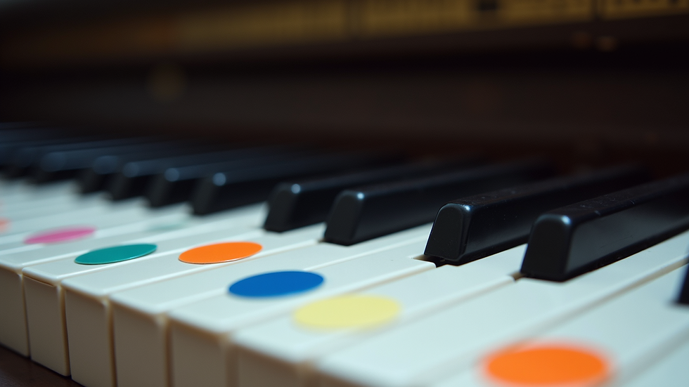 Eye-level view of a piano keyboard with colorful stickers on keys