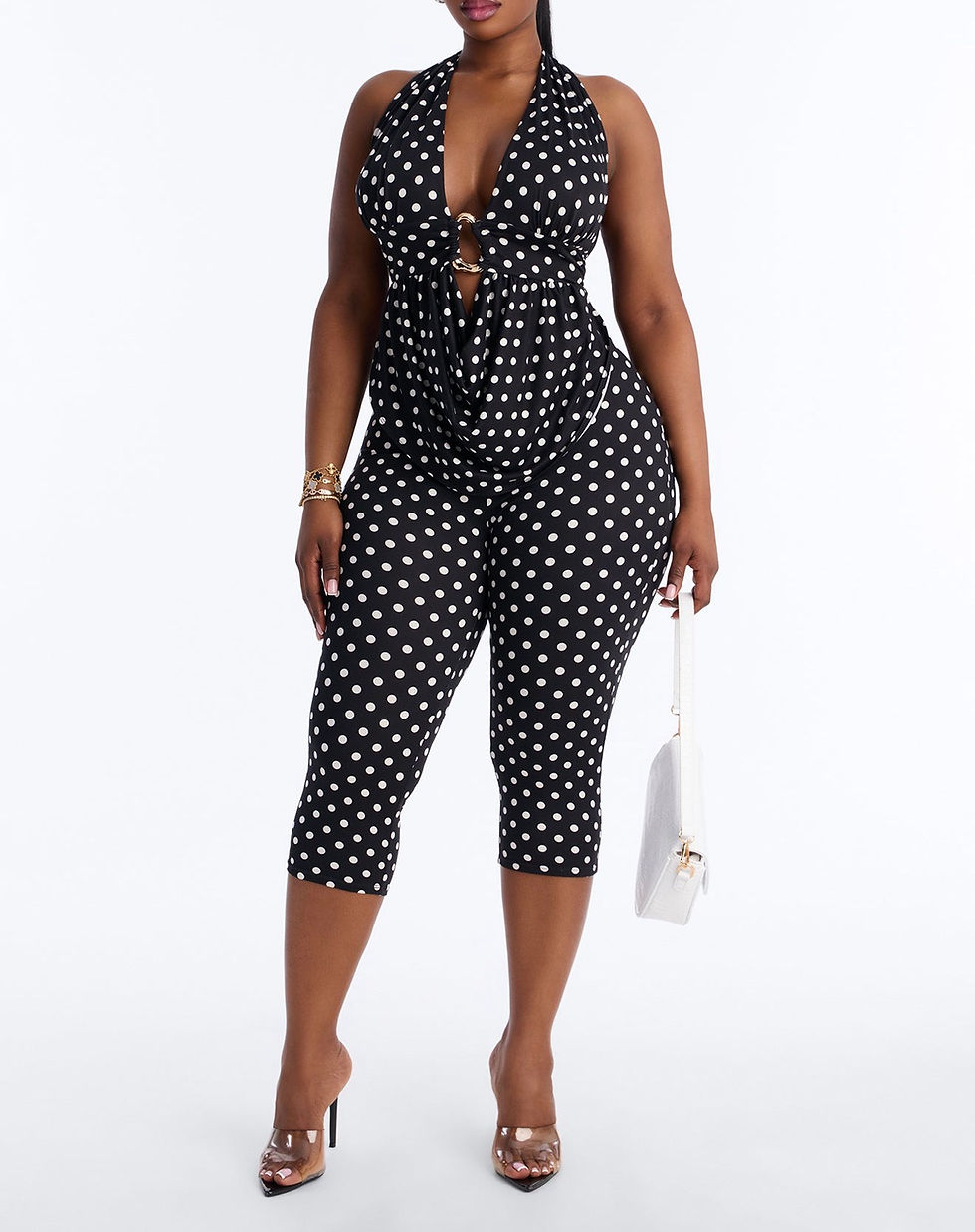 Thumbnail: Carrie cowl polka dot capri set- Black Combo