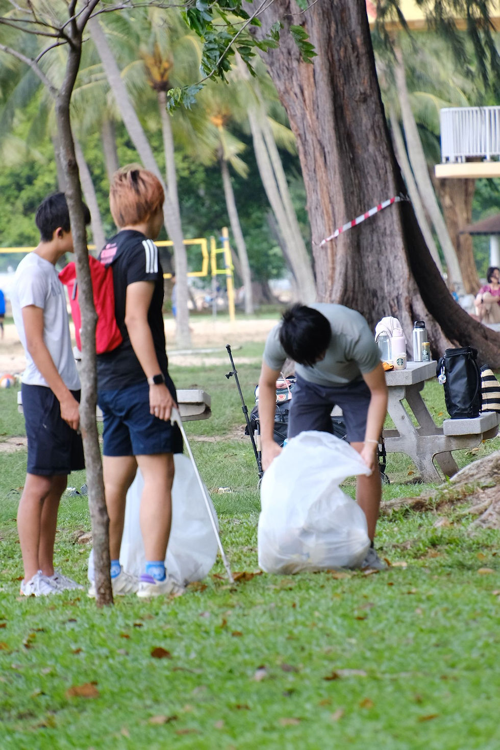 Volunteers cleaning up a park, collecting trash
