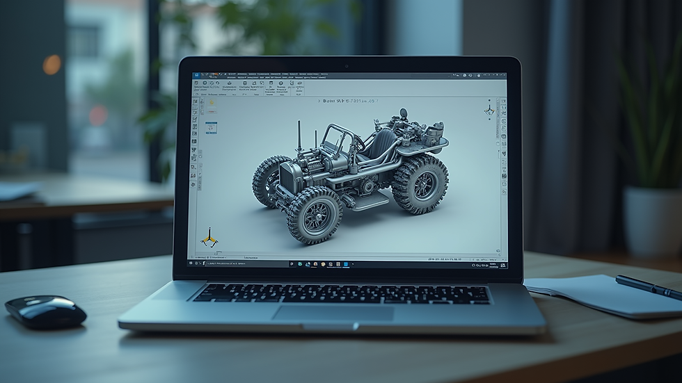 Widok z boku na laptop z otwartym interfejsem Autodesk Inventor, pokazujący złożony model mechaniczny