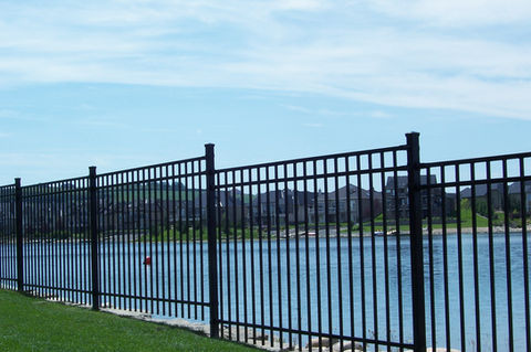 Black metal fence by lake with houses in the background and a blue sky