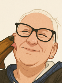 Illustration of a dachshund licking a smiling person's face.