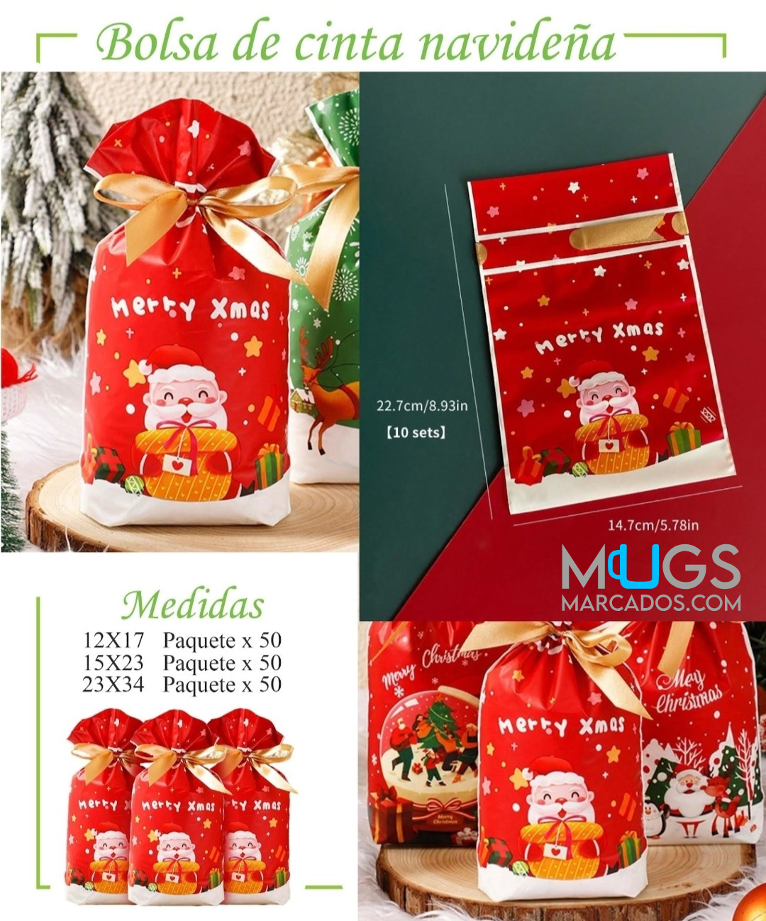 Pack x 10 Bolsa cinta navideña 23x34cm | Bolsas Navideñas | Regalos para Navidad