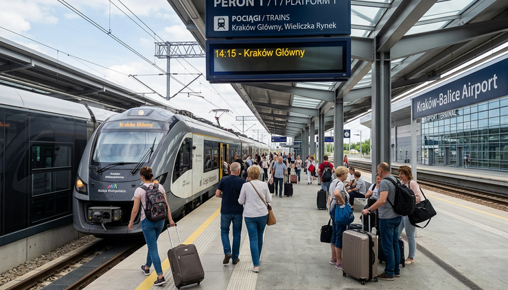 Wide-angle view of a train platform at Kraków Airport with travelers waiting beside luggage