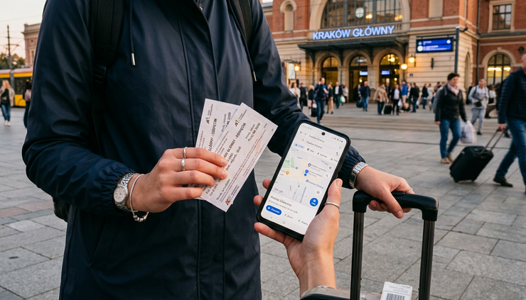 Close-up view of a traveler holding train tickets and a phone map near Kraków Główny station