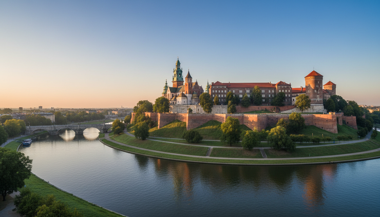 Wide-angle view of Wawel Royal Castle above the Vistula River in Kraków.