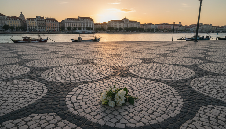 Low-angle view of a quiet riverside square in Lisbon with flowers placed on stone paving near the Tagus