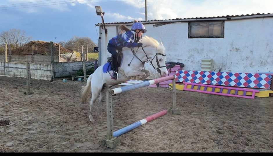 A determined Bex rides her pony over a large jump, demonstrating her effort and skill in the riding school.