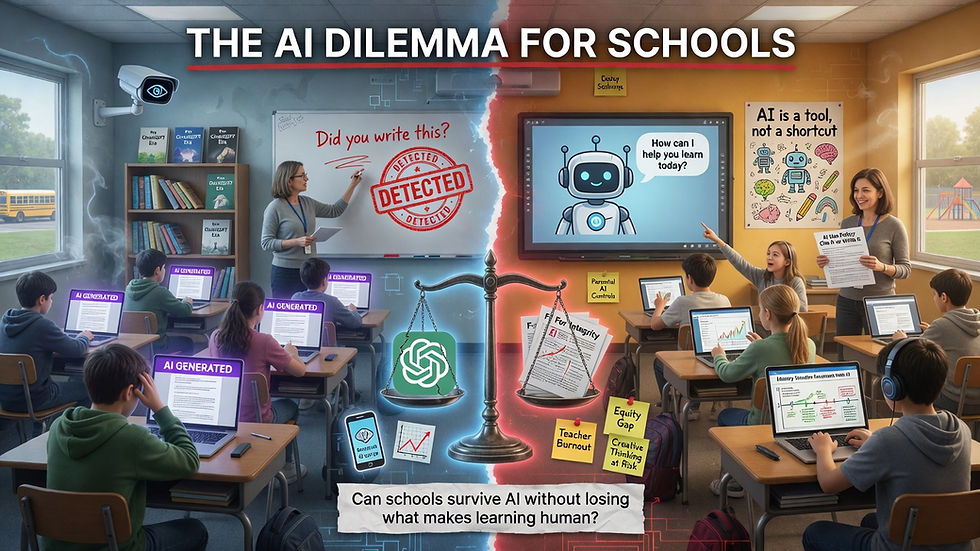A classroom showing the bad parts of AI vs the good alternative we're all hoping for. 