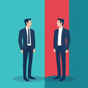 Two men in suits face each other, set against a split teal and red background, creating a mirrored, serious mood.