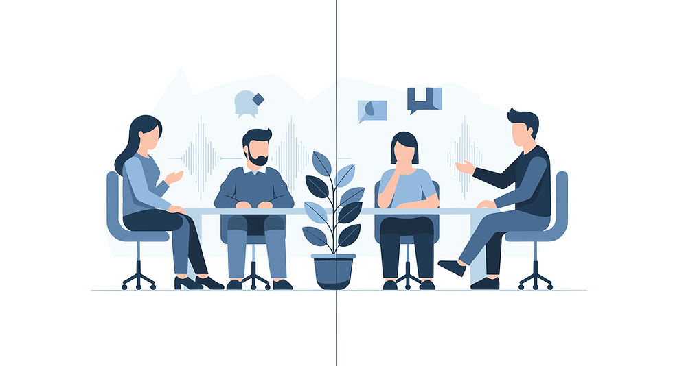 Four people seated at tables in discussion. Blue-toned setting with a potted plant in the center. Speech bubbles and sound waves in background.