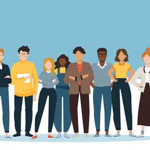 Eight diverse cartoon people stand together confidently against a blue background, wearing casual and professional outfits.