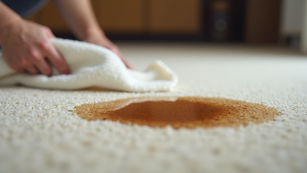 Close-up view of a carpet with a fresh coffee stain being blotted with a white cloth