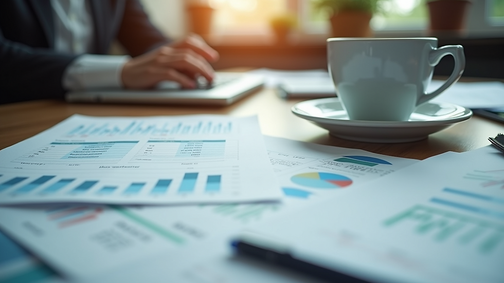 Eye-level view of a desk with financial reports and a cup of coffee