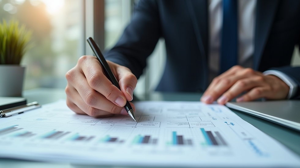 Eye-level view of a certified accountant analyzing financial reports