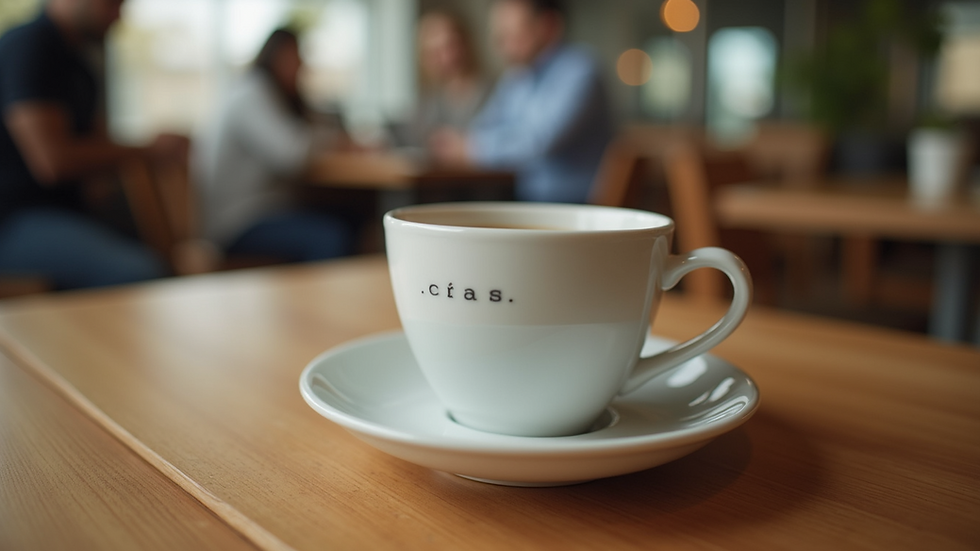 Close-up view of a branded coffee cup on a wooden table