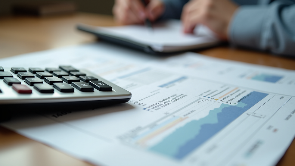 Close-up view of tax documents and a calculator on a wooden desk