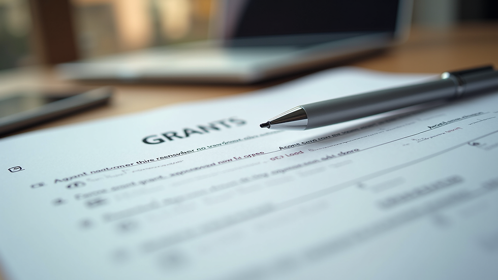 Close-up view of a grant application form on a desk with a pen
